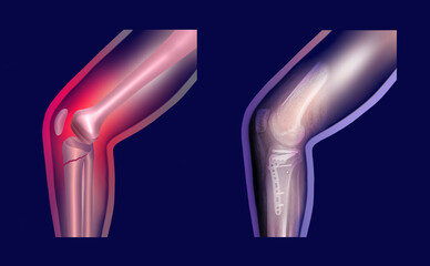 Structure of knee and rx-ray image of knee, tibia fracture with post operation internal fixation