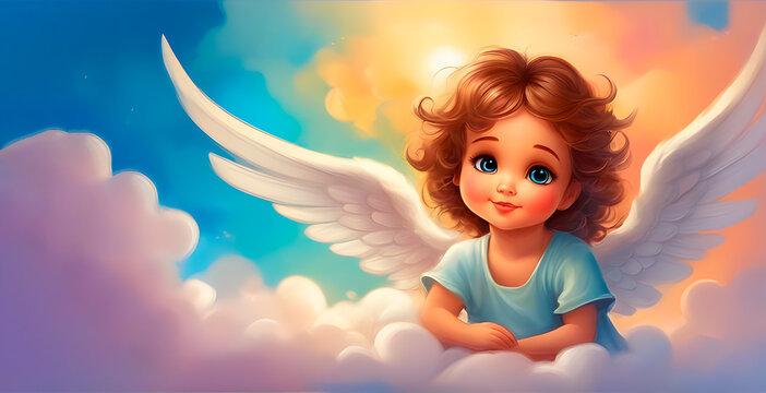 A cute little happy angel in the sky. Painting style. Portrait of an angel resting on the fluffy clouds.