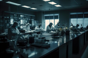 A research and development laboratory with scientists analyzing samples. The pharmaceutical and healthcare industry. Generative AI