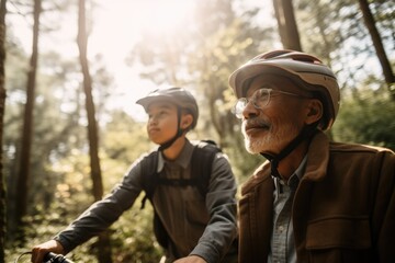 A boy son with his father or granfather enjoying a bike ride together. The background is a scenic trail or park. Active and adventurous spirit. Generative AI