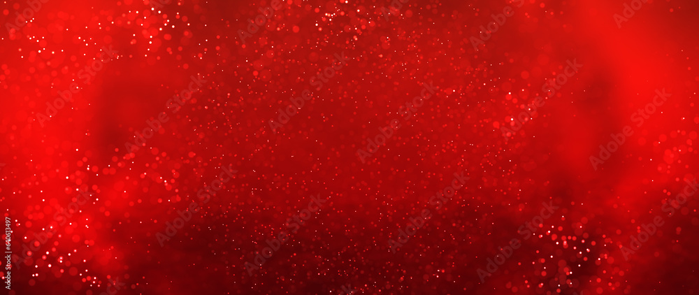 Wall mural particles abstract background with bokeh on red background. futuristic glittering in space.