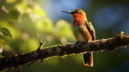 A small colorful hummingbird bird is sitting on a branch.