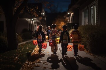 Children trick-or-treating in a neighborhood, wearing various costumes and carrying Halloween-themed buckets. The excitement and joy of collecting candy. Generative AI.