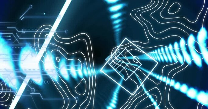 Animation of illuminated squares and abstract patterns moving over electric circuit board patterns