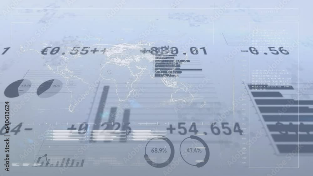 Aufkleber animation of multiple graphs and currency signs with numbers over map
