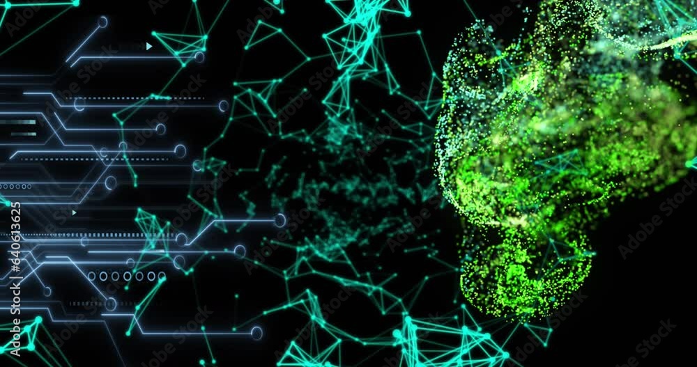 Poster animation of illuminated connected dots and circuit board patterns with dynamic wave of dots