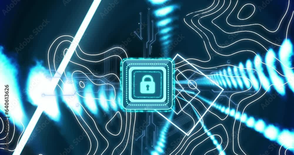Poster animation of illuminated padlock in squares with abstract and electric circuit board patterns
