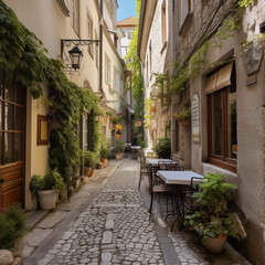 Fototapeta na wymiar beautiful narrow street with plants