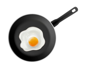 Tasty fried chicken eggs on frying pan isolated on white background. Scrambled eggs in a black non-stick pan Realistic 3d vector illustration