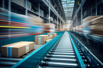 An automated warehouse where the belt conveyor at the distribution center moves cardboard boxes at high speed. Industrial concept suitable for logistics and technology. - obrazy, fototapety, plakaty