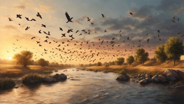 flock of birds flying over the river