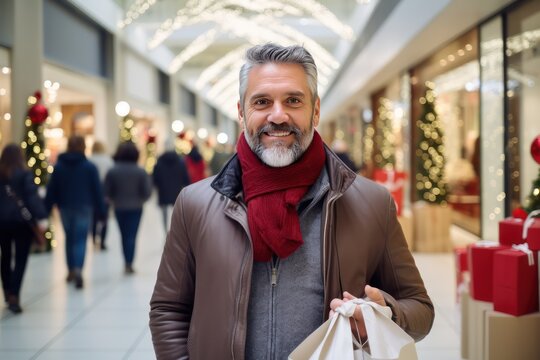 Image of a middle aged smile man with a Christmas gifts in a shopping bags in a mall. Christmas sale concept. Middle aged Caucasian man smiling and looking at camera.
