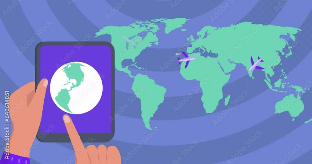 Poster animation of airplanes flying over map and hands rotating globe on digital tablet
