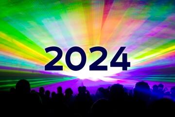 Happy new year 2024 colorful laser show party people crowd. Luxury entertainment with audience silhouettes turn of the year celebration. Premium nightlife event at holidays season party time - 640614801