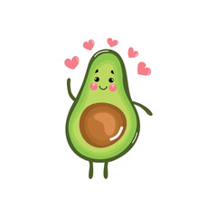 Cute vector clipart avocado with red hearts. Isolated cartoon character on white background. In cartoon style.