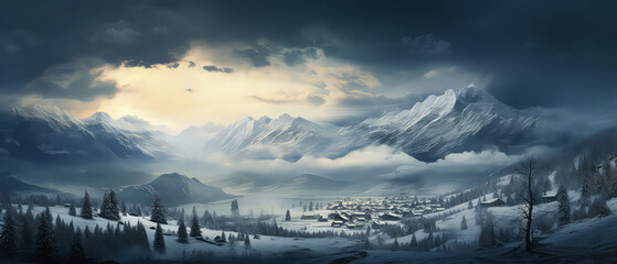 Winter Christmas landscape. Countryside view. Christmas holidays greeting card. Vacations concept with snowy hills, houses. Mountains ski resort, hotel. Winter scenery illustration. Generative AI