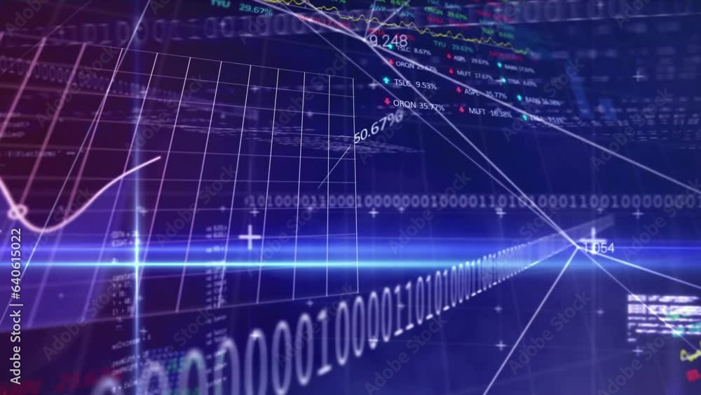 Poster animation of computer language, binary codes, graphs, stock market data on abstract background