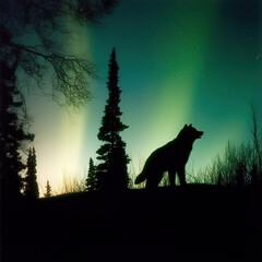 Silhouette of wolf and countryside with starry night and aurora borealis. Created with generative AI technology.