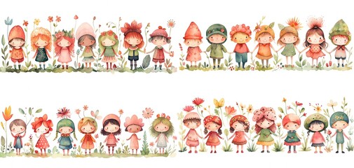 watercolor painting style illustration of cute young children play together in spring garden, Generative Ai