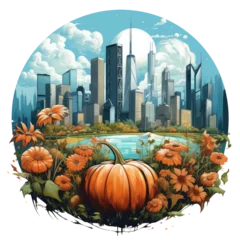 Foto op Canvas Watercolor Pumpkin Flower T-shirt Design, a futuristic cityscape with towering skyscrapers adorned with vertical gardens, Generative Ai © Creative Artist