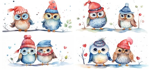 watercolor style illustration of cute owl bird wearing winter woven cap, collection set, Generative Ai