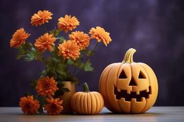 Naklejka na ściany i meble Happy halloween Carved pumpkin and flowers arrangement 