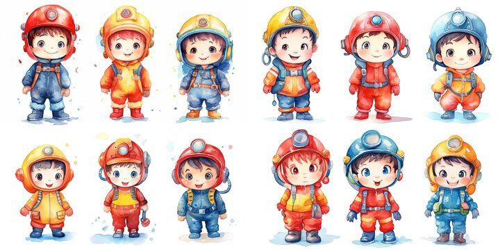 watercolor style illustration of cute boy wearing space pilot suit, collection set, Generative Ai