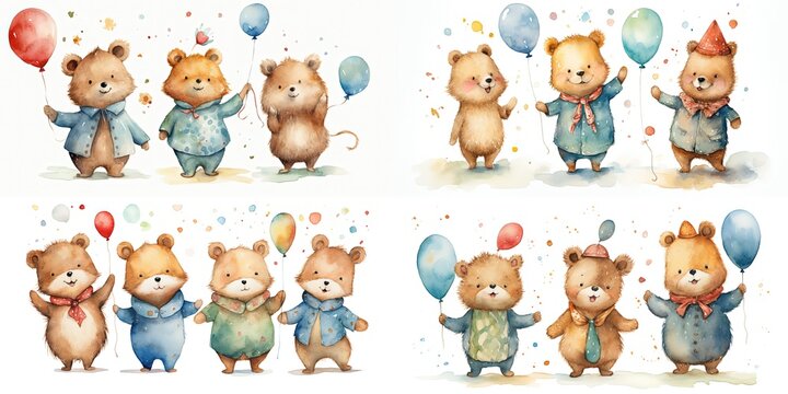 watercolor style illustration of cute young baby bears play together,  collection set, Generative Ai