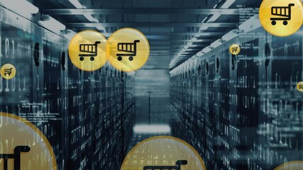 Animation of multiple shopping cart icons floating and data processing against computer server room - Powered by Adobe