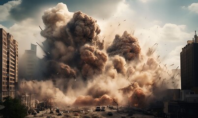 big explosion with big dirt smoke on the city war generative ai - obrazy, fototapety, plakaty