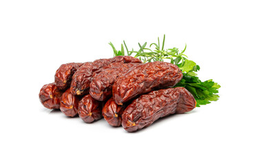 Dry Smoked Sausages Isolated, Salami Sticks, Kielbasa, Cabanossi, Kabanos, Dry Embutido, Chorizo, Bratwurst