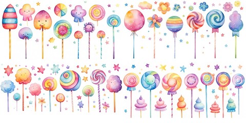 watercolor style illustration of cute cartoon lollipop candy collection set, Generative Ai