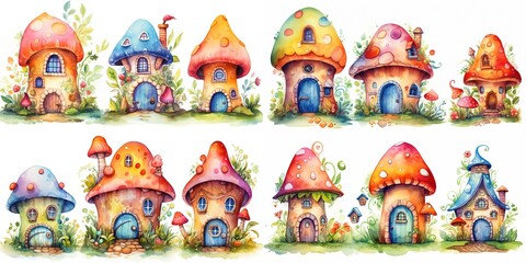 watercolor style illustration of cute cartoon  fairytale mushroom house collection set, Generative Ai