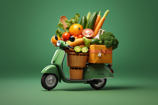 Italian scooter with a lot of fruit and vegetables as a symbol of food delivery service.
