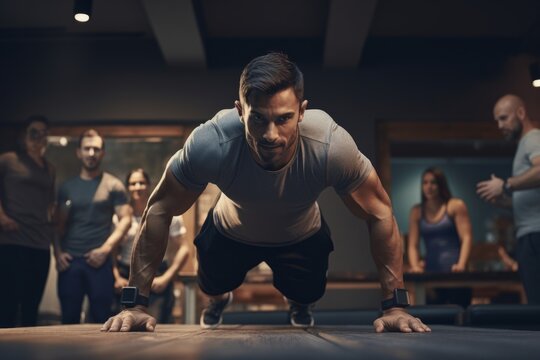 people performing bodyweight exercises like push-ups. Created with generative AI technology.