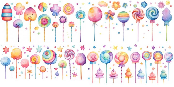 watercolor style illustration of cute cartoon lollipop candy collection set, Generative Ai