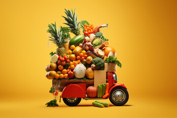 Italian scooter with a lot of fruit and vegetables as a symbol of food delivery service.