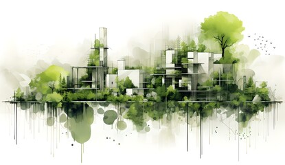 Naturverbundene Metropole: Konzeptzeichnung von Häusern mit grünen Pflanzen