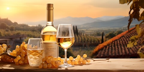 Entspannung im Weinberg: Weinglas auf Tisch mit Abendblick