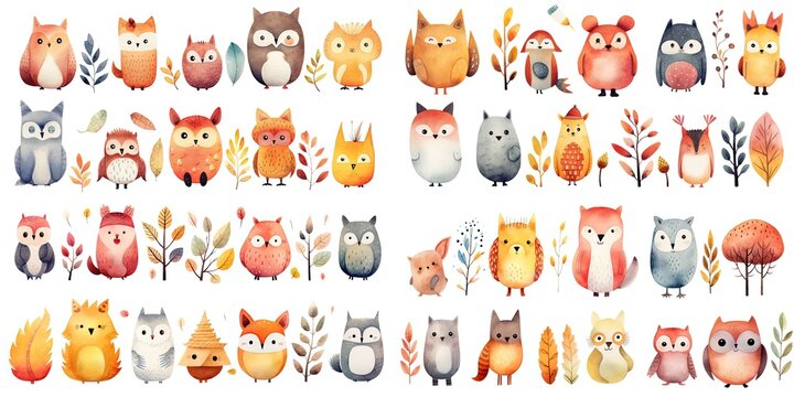 watercolor style illustration of cute owl bird , collection set, Generative Ai