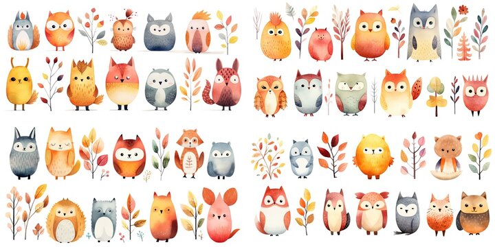 watercolor style illustration of cute owl bird , collection set, Generative Ai