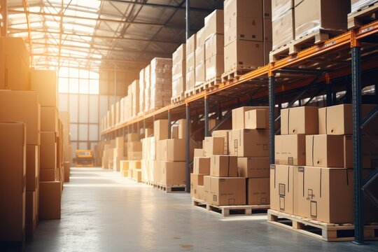Bright photo of a factory warehouse. Warehouse or storage and shelves with cardboard boxes. Industrial background.