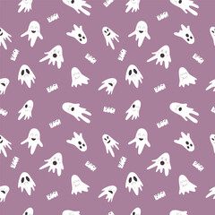 Vector seamless pattern with Halloween holiday ghosts, happy, spooky, tired, angry, cute faces.