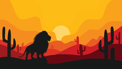 Naklejka premium World Wildlife Day with silhouettes of Lion on desert, Simple desert background, Orange gradient background, cactus background