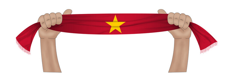 3D illustration. Hand holding flag of Vietnam on a fabric ribbon background.