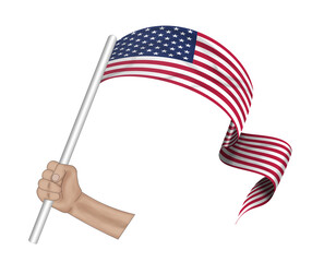 3D illustration. Hand holding flag of United States of America on a fabric ribbon background.