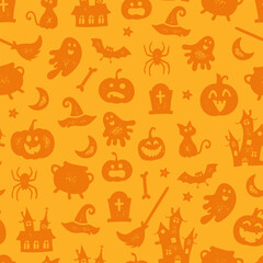 Cute hand drawn Halloween seamless pattern, colorful doodle background, great for Halloween banners, wallpapers, textiles, wrapping - vector design