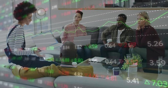 Animation of stock market data processing against diverse colleagues discussing together at office