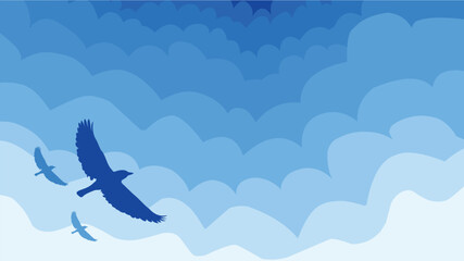 World Wildlife Day with silhouettes of bird fly on blue sky, Simple sky background, Blue gradient background, Animals background