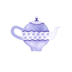 Kettle in a classic style with gold decor and floral ornaments. Isolated watercolor illustration on white background. Clipart. Decor for a tea party or an English style party.